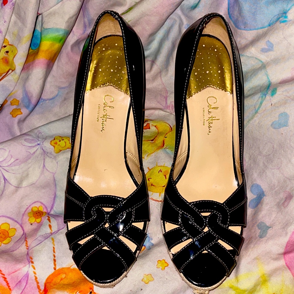 Cole Haan Nike Air Black Patent Leather Espadrille Heels Size 10